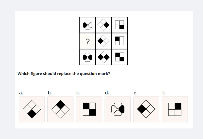 A logical reasoning question that gives you a series of squares and requires you to determine the item in the question mark.